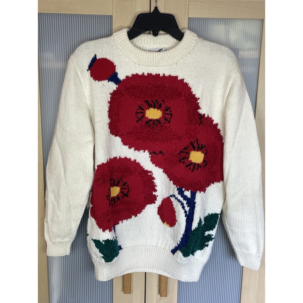 Vintage Bonzo New Zealand Sz M Women's Poppies Sweater Wool Handmade Pullover
